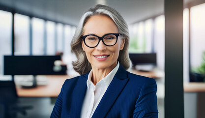 Confident senior businesswoman smiling in modern office building