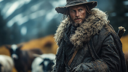Obraz premium A rugged man in a fur-lined coat and wide-brimmed hat stares intently into the distance.