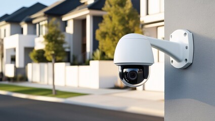 A white dome-shaped security camera positioned on the corner of a quiet, modern residential street. The minimalist design of the camera matches the clean lines of the surrounding homes