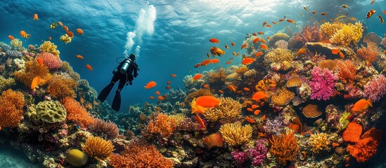 Fototapeta premium A scuba diver explores a vibrant coral reef teeming with colorful fish in a tropical ocean.