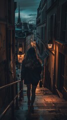 Naklejka premium Atmospheric Evening in a Cobblestone Alley: Young Woman Strolling Through Historic Cityscape