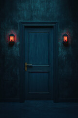 Mysterious dark door with glowing lights, set against a shadowy wall environment.