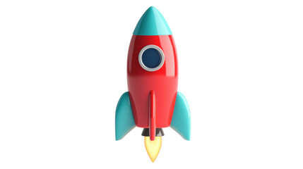 Fototapeta premium Bright 3D illustration of a red rocket with blue fins and a flame, showcasing a playful and vibrant design. Ideal for space-themed digital art. Isolated on transparent background, png.