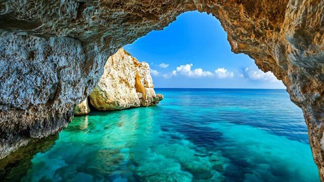 A view of the clear turquoise water from a cave in Cyprus on a sunny day