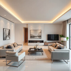 Modern living room with sleek design and neutral tones