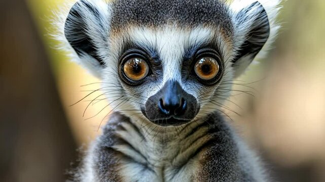 A curious lemur stares directly at the camera, its large, expressive eyes captivating the viewer