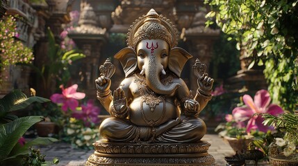 Fototapeta premium Ganesha statue made of brass placed on a wooden base. It is a symbol of wisdom and learning. It has an elephant's head and many arms.