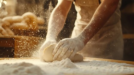 Baker Kneading Dough with Flour Dust