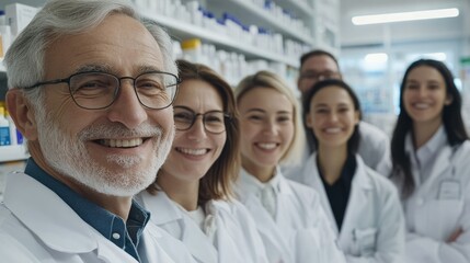 Group of pharmacists standing together and looking at the camera in a chemist. Group of healthcare professionals working