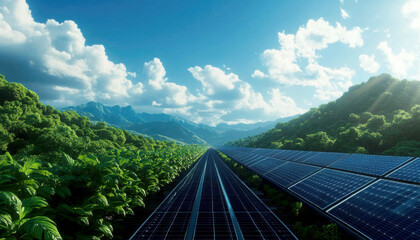 Vibrant landscape with solar panels and lush mountains under a clear blue sky.