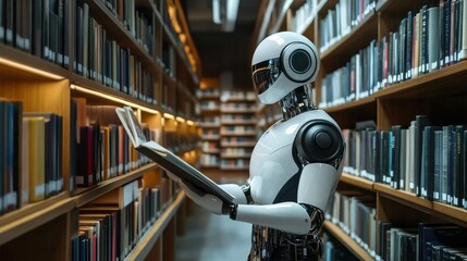Fototapeta premium Robot Reading Book in Library.