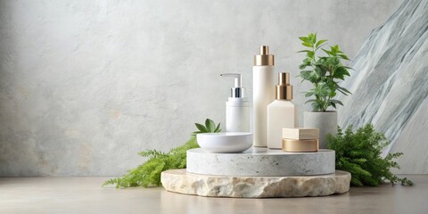 of pedestal podium with beauty products on rock, light background, beauty, cosmetics, product display, showcase, pedestal
