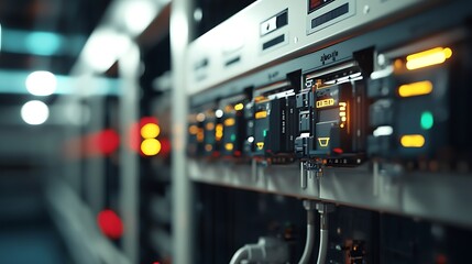 A detailed shot of a power distribution board, featuring monitoring equipment, voltage indicators, and clear labeling of electrical components.