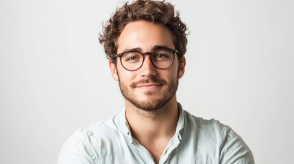 Obraz premium Smiling Businessman with Glasses and Curly Hair Posing Against White Background