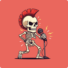 skeleton microphone, punk rock skeleton, skeleton punk singer, punk skeleton illustration, punk rock artwork, punk rock graphics, skeleton with mohawk, rock and roll skeleton, edgy skull art