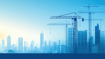 Fototapeta premium Silhouetted City Skyline with Cranes at Sunrise