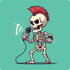 punk skeleton illustration, punk rock skeleton, skeleton punk singer, punk rock artwork, punk rock graphics, skeleton with mohawk, rock and roll skeleton, edgy skull art, skeleton microphone
