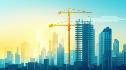 Fototapeta premium Urban Construction at Sunrise with Crane and Skyscrapers