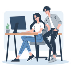 Flat vector illustration. Woman and man working together in office, joint work. Woman is working at the computer and man is watching . Vector illustration