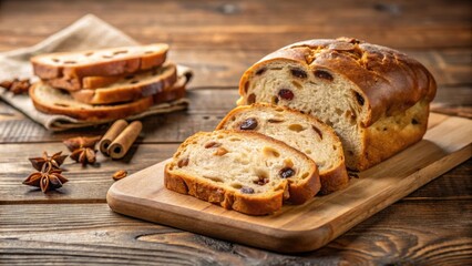 Naklejka premium Slices of homemade cinnamon, brown sugar, raisin bread on a wooden cutting board , food, homemade, baking, delicious