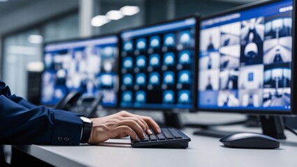 Close-up of a security officer’s hands typing on a keyboard, multiple blurry security camera feeds visible on the monitors in the background. Workspace is equipped with modern surveillance technology