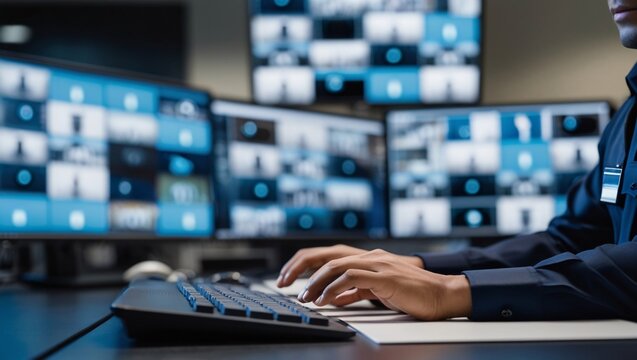 Close-up of a security officer’s hands typing on a keyboard, multiple blurry security camera feeds visible on the monitors in the background. Workspace is equipped with modern surveillance technology - Powered by Adobe