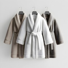 Elegant Plush Bathrobes Artfully Displayed in Muted Tones on White Background