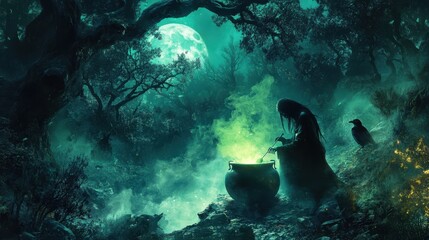 Witch Brewing Potion Under a Full Moon in an Enchanting Forest