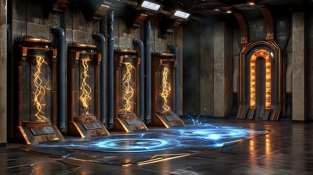 Futuristic Sci Fi Room with Glowing Energy Columns and Portal