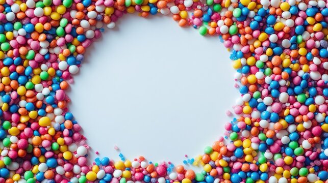 Colorful candy drops arranged in a circle with space for text