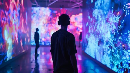 Person is standing in a gallery space with colorful projections on the walls, the immersive exhibition offers a captivating experience