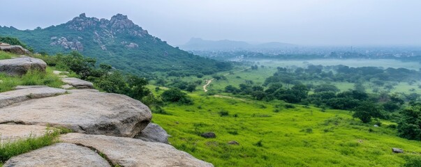 foggy morning with the cityscape and the remains of a fort