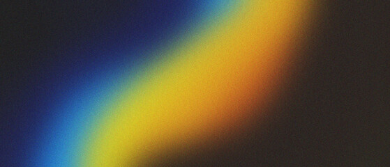 Blue yellow blurred gradient on dark grainy background, glowing light spot, copy space