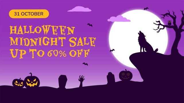 Halloween promotion animated with moon, pumpkin, bats, cemetry, tree, owl, wolf. And gradation purple background