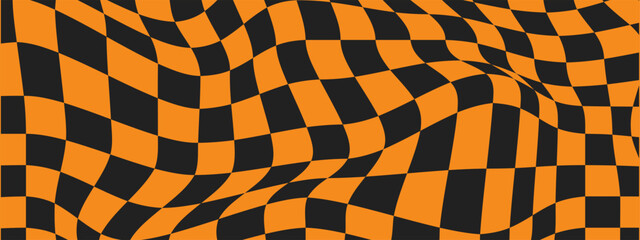 Halloween checkered pattern. Psychedelic black and orange wallpaper. Groovy background. Retro vector illustration in Y2k style.