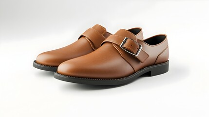Naklejka premium Fashionable Leather Dress Shoes with Prominent Buckle Embellishment Against Clean White Background