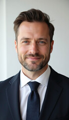 A man in a suit and tie with a smile on his face. He is wearing a black jacket and a blue tie