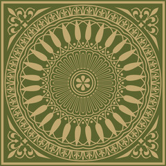 Vector gold with green classic Greek square ornament. Rectangle of Ancient Greece and Roman Empire. Byzantine painting of walls, floors and ceilings. Decoration of European palaces