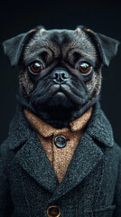 A dapper pug in a tweed jacket, looking sharp.