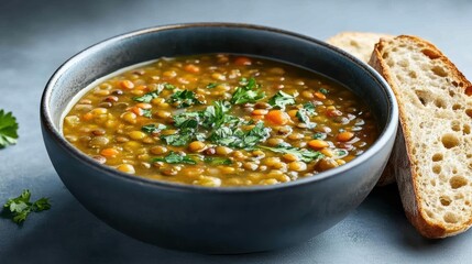 Hearty Lentil Soup Served with Bread Slice