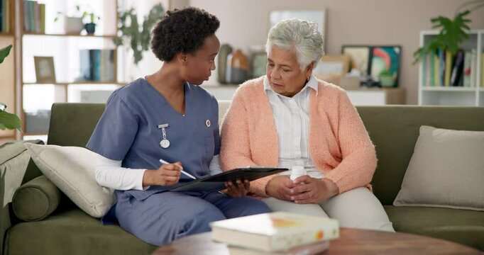 Clipboard, medical and nurse with senior woman in assisted living for consultation appointment. Discussion, checkup and caregiver with healthcare chart for elderly female patient in nursing home.