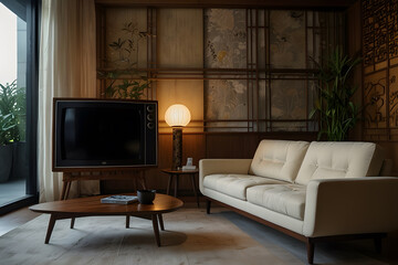 Realistic retro furisic TV and vintage sofa and background asian style