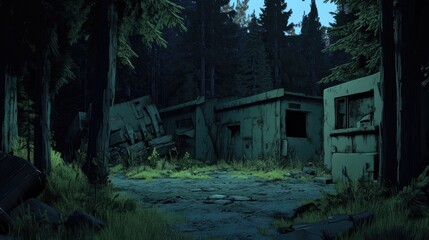 Abandoned Buildings in a Dark Forest