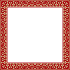 Vector square gold with red border, frame, Pompeii. Rectangle Neopolitan ornament. Art of Ancient Rome. Template for stained glass