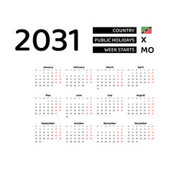 Calendar 2031 English language with Saint Kitts and Nevis public holidays. Week starts from Monday. Graphic design vector illustration.