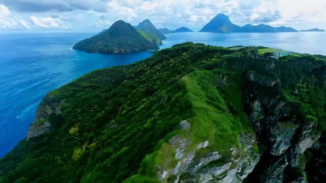 vertical 4K aerial footage captures breathtaking panorama mountain lands showcasing intricate rock textures amidst tropical greenery vast ocean landscape Filmed sport drone shot invites