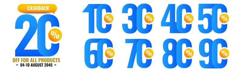 10%, 20%, 30%, 40%, 50%, 60%, 70%, 80%, 90% Cashback. Sale tags set vector badges template. Sale offer price sign. Special offer symbol. Discount promotion. Discount badge shape. Vector design