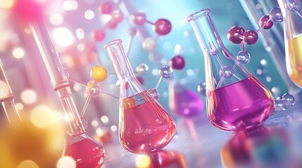 Glass Flasks with Pink and Yellow Liquids in a Laboratory Setting