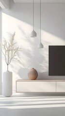 Minimalist Contemporary TV Stand with Floating Suspended Design in Clean White Interior