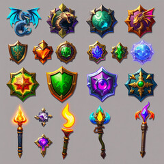 Fantasy RPG Magical Shields and Items for Game Interface with Enchanted Effects